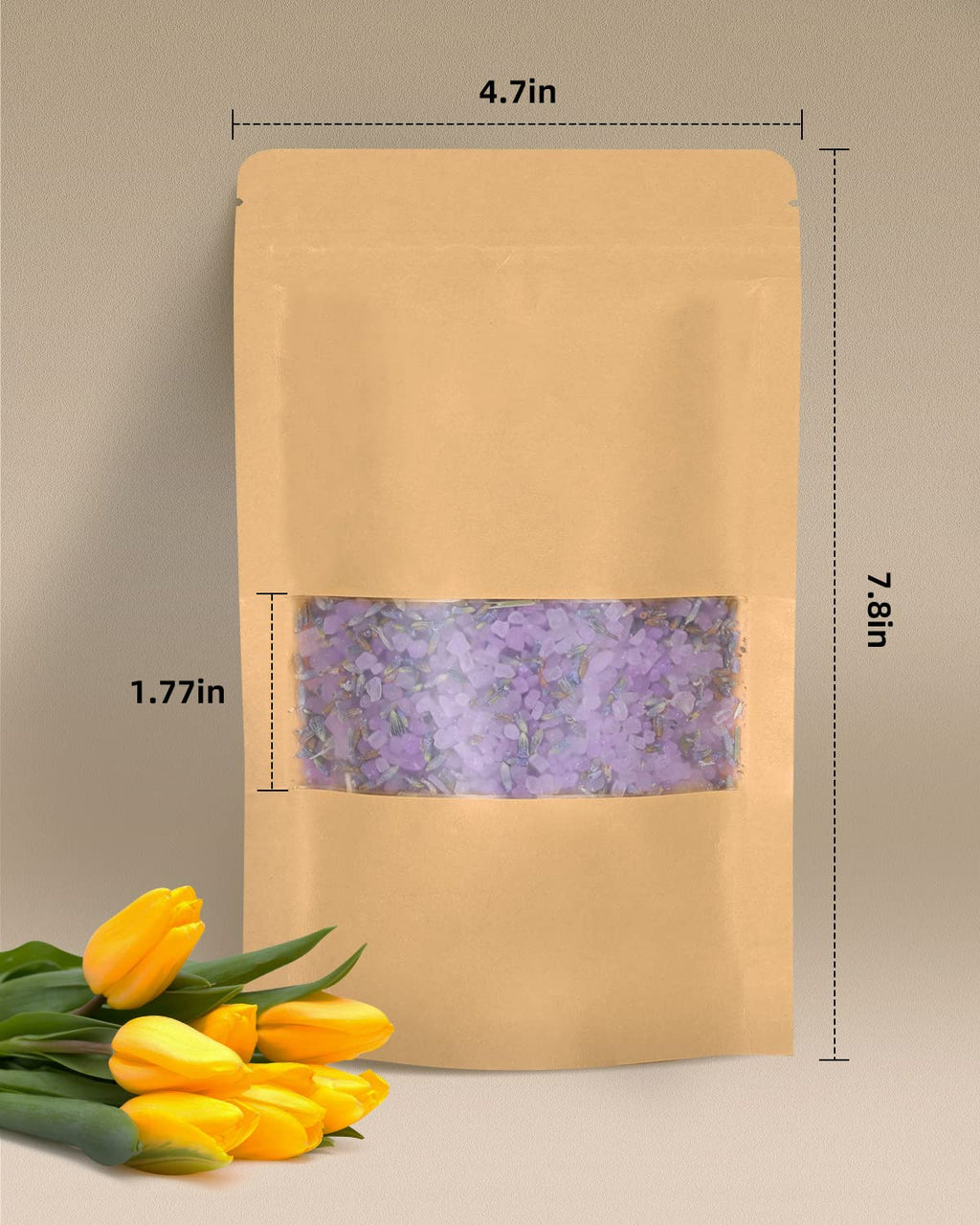 50pcs Kraft Bags with Window 3.5x5.5 Inches Brown Reusable Sealable Zip Lock Food Storage Stand up Paper Pouches for Home or Business