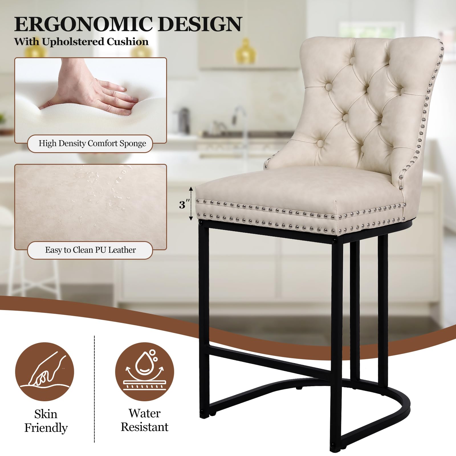 UVV Counter Height Bar Stools Set of 1, 26" Modern Barstools with Back, Velvet Upholstery Counter Chairs with Metal Legs for Kitchen Island, Bar, Counter, Beige