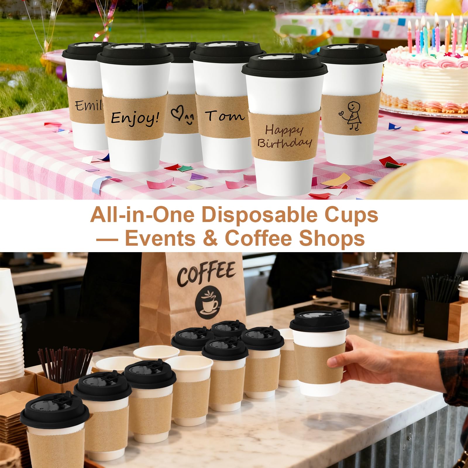 16 oz 100 Pack Corrugated Ripple Wall Disposable Coffee Cups with Lids and Straws, Heavy Duty Insulated Cups for Hot Beverage or Cold Drinks, Bulk for Restaurants, Offices, Coffee Shops(Black)