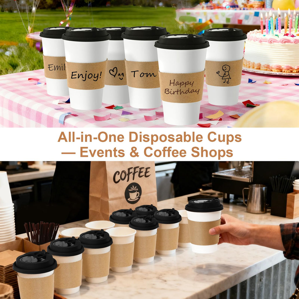 16 oz 100 Pack Corrugated Ripple Wall Disposable Coffee Cups with Lids and Straws, Heavy Duty Insulated Cups for Hot Beverage or Cold Drinks, Bulk for Restaurants, Offices, Coffee Shops(Black)