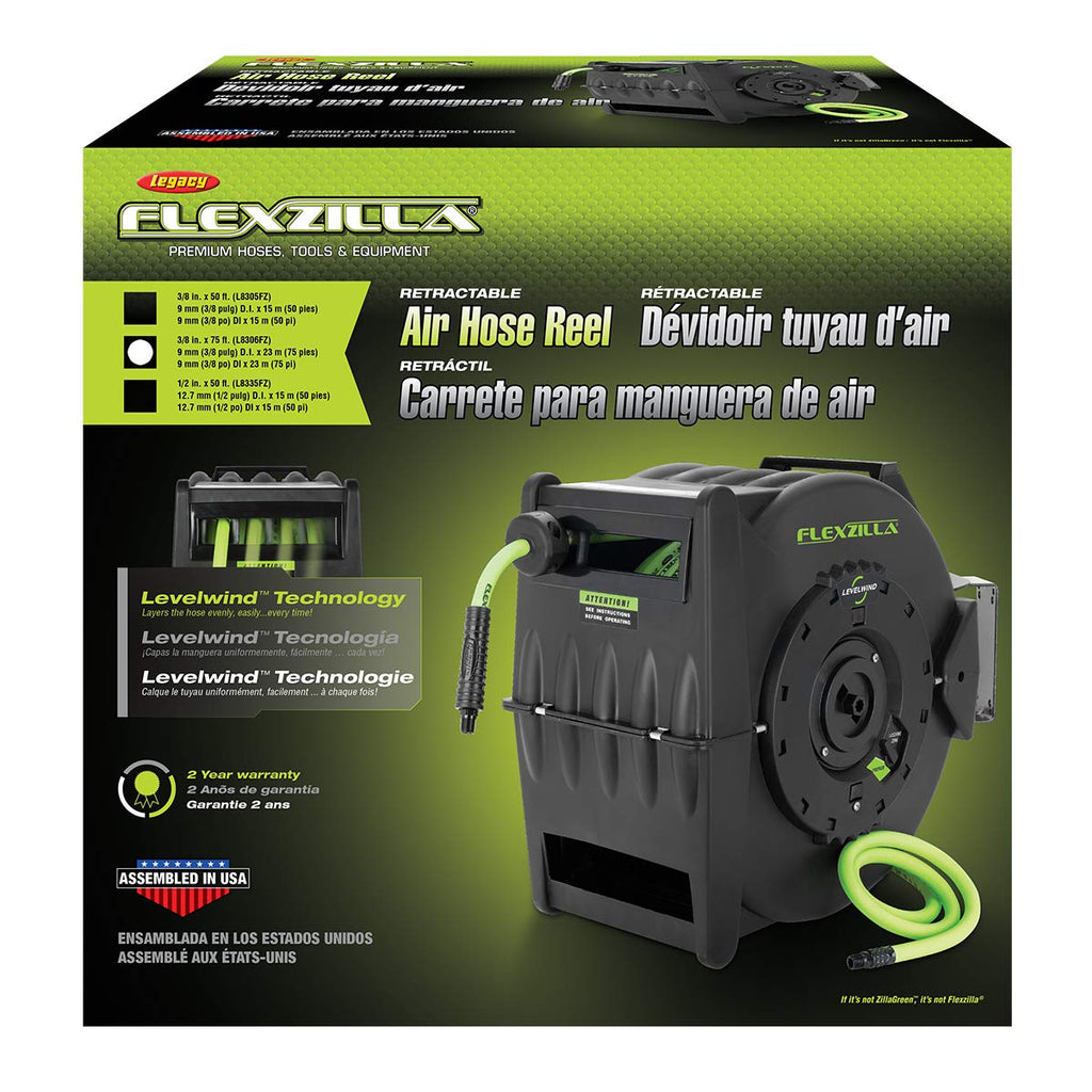 Flexzilla Pro Levelwind Retractable Air Hose Reel, 1/2 in. x 50 ft., Heavy Duty, Lightweight, Hybrid, ZillaGreen - L8335FZ