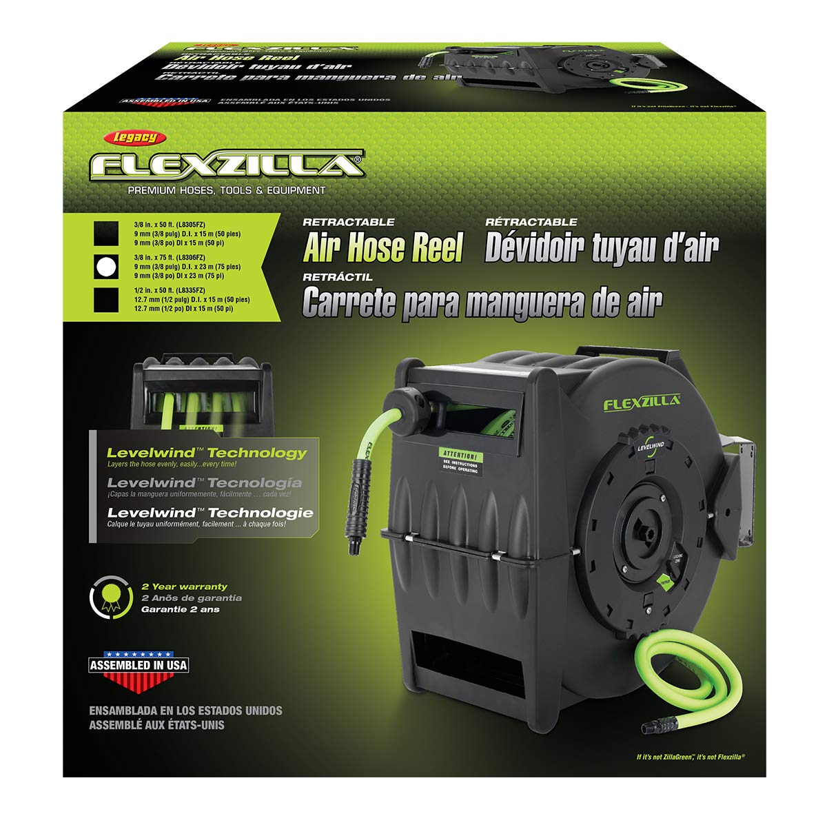 Flexzilla Pro Levelwind Retractable Air Hose Reel, 1/2 in. x 50 ft., Heavy Duty, Lightweight, Hybrid, ZillaGreen - L8335FZ