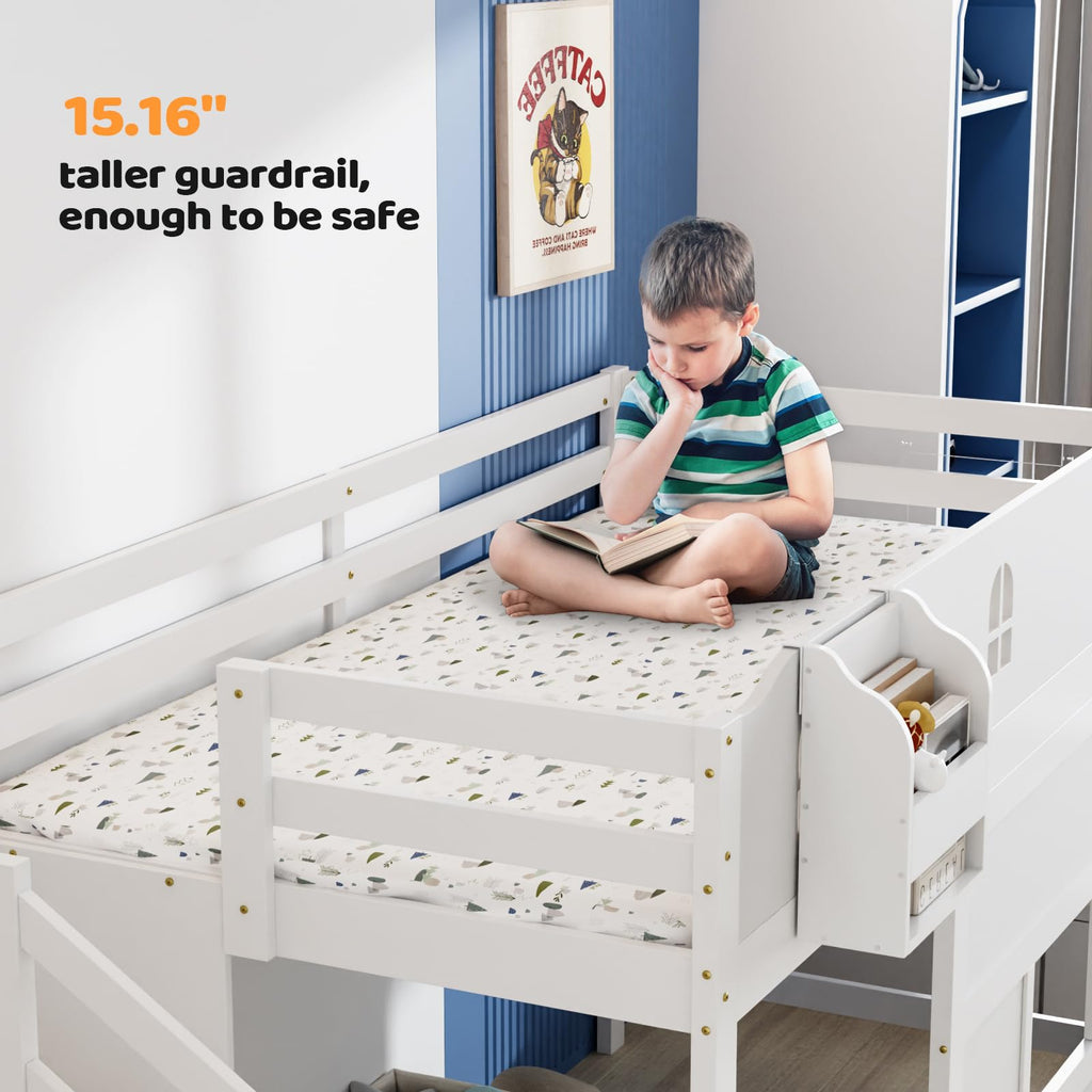 JOYMOR Low Loft Bed Twin Size with LED Lights, 4 Storage Shelves, Removable Curtain, Kids Wood Loft Bed with 15" H Safety Guardrail, Spave Saving, Mattress Not Included (Gray)