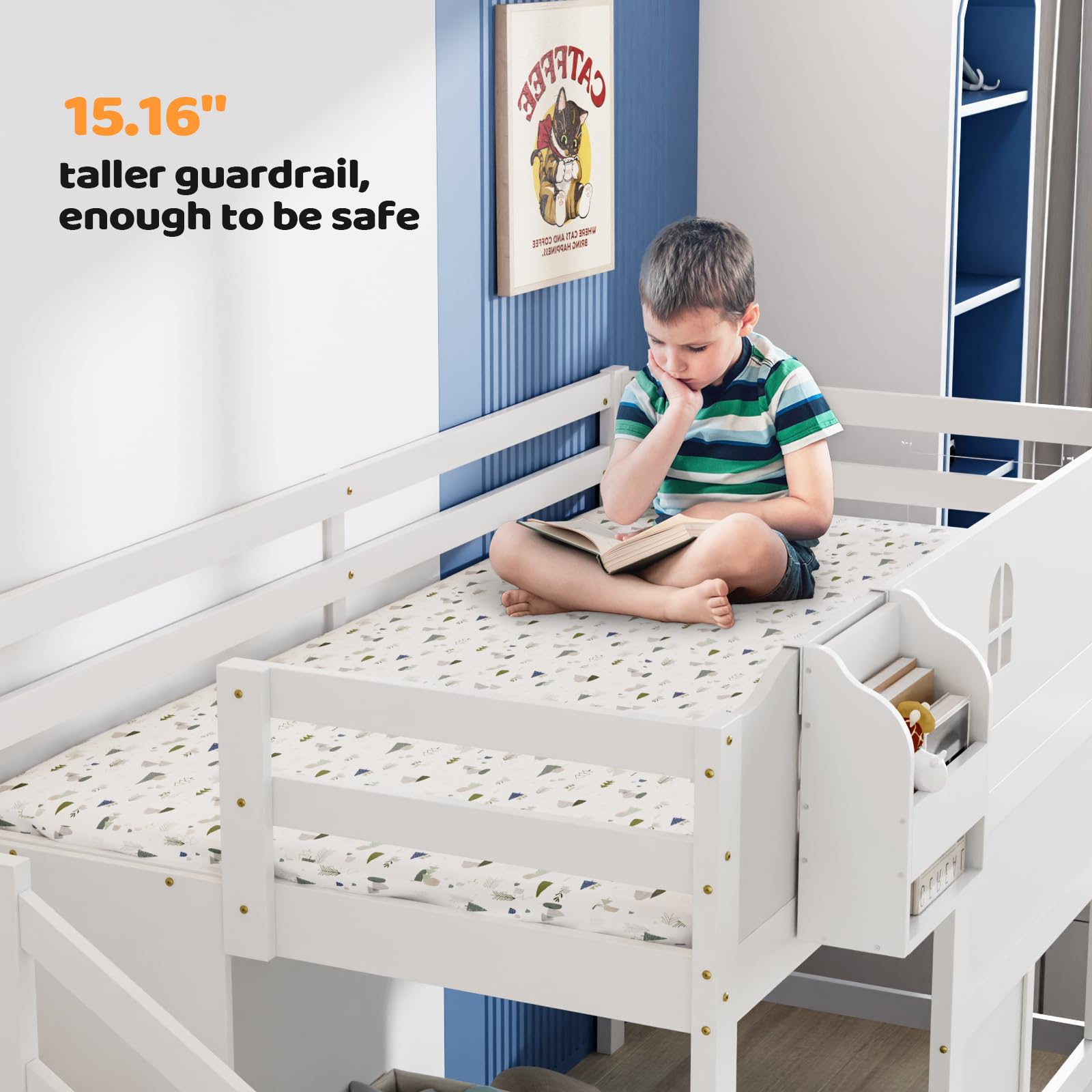 JOYMOR Low Loft Bed Twin Size with LED Lights, 4 Storage Shelves, Removable Curtain, Kids Wood Loft Bed with 15" H Safety Guardrail, Spave Saving, Mattress Not Included (Gray)