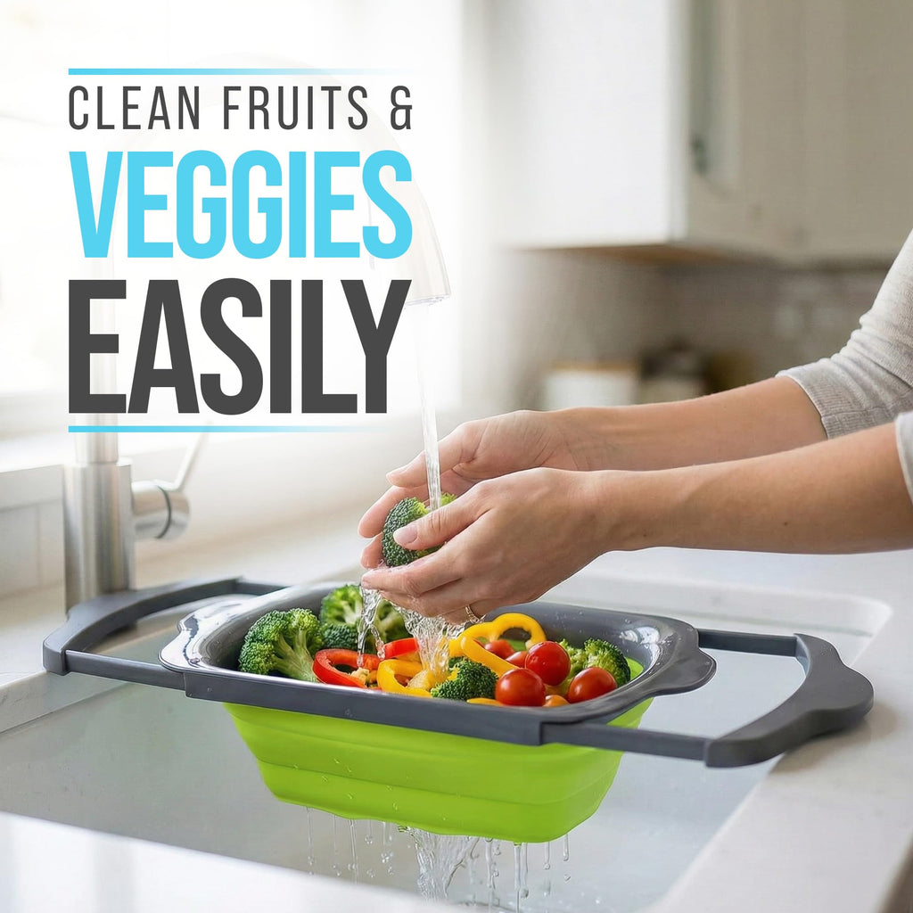Comfify Over-the-Sink Colander with Handles – Sleek Plastic Black Kitchen Strainer for Pasta, Vegetables & Fruits – Space-Saving Design – 17.1 x 10.2 x 1.75 Inches