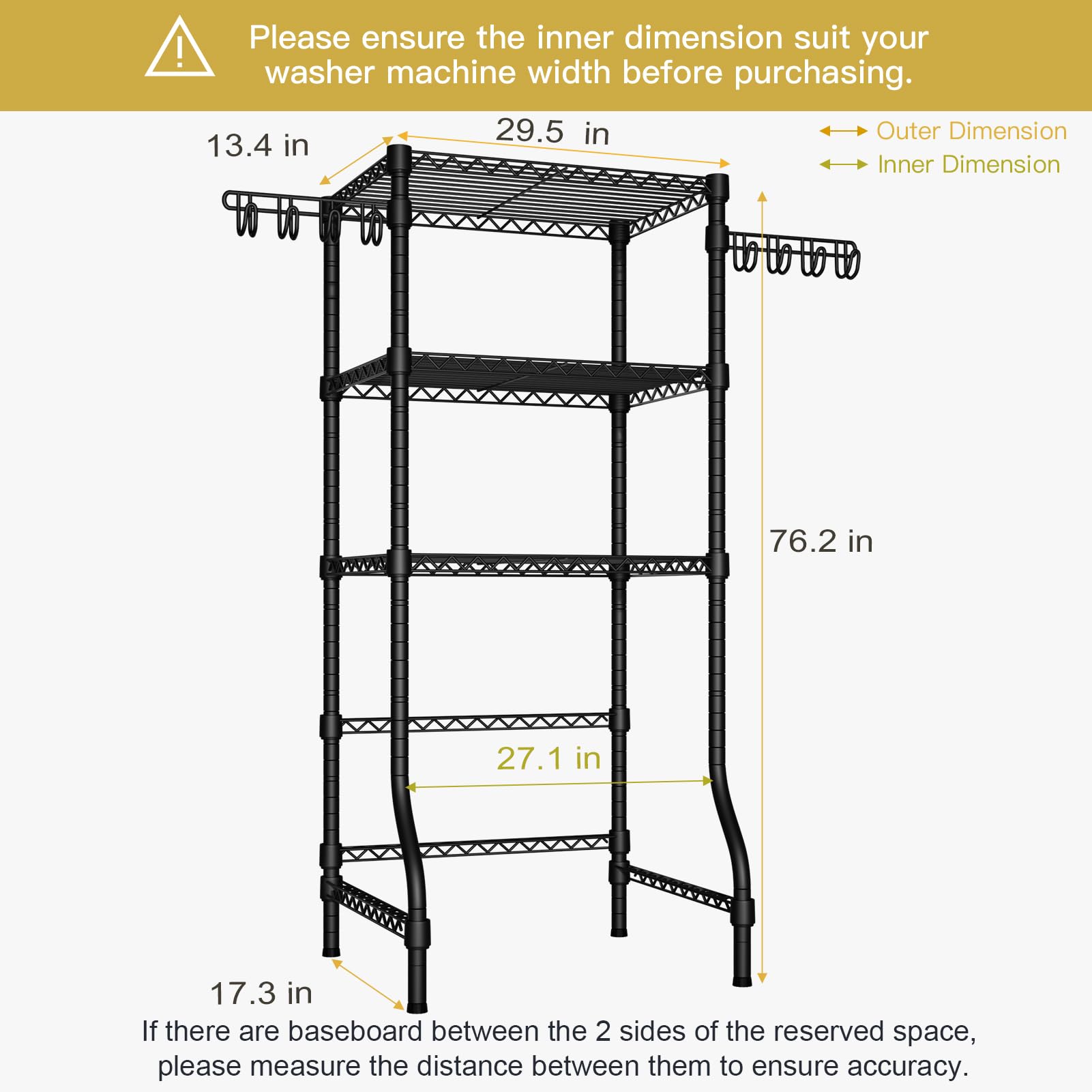 Ulif U8 Medium Laundry Room Storage Organizer, Over the Washer and Dryer Storage Shelves for Laundry Organization, 32.3”W x 17.3”D x 76.2”H, Suit Washing Machine Width within 29.9”, Hold 304 lb, Black