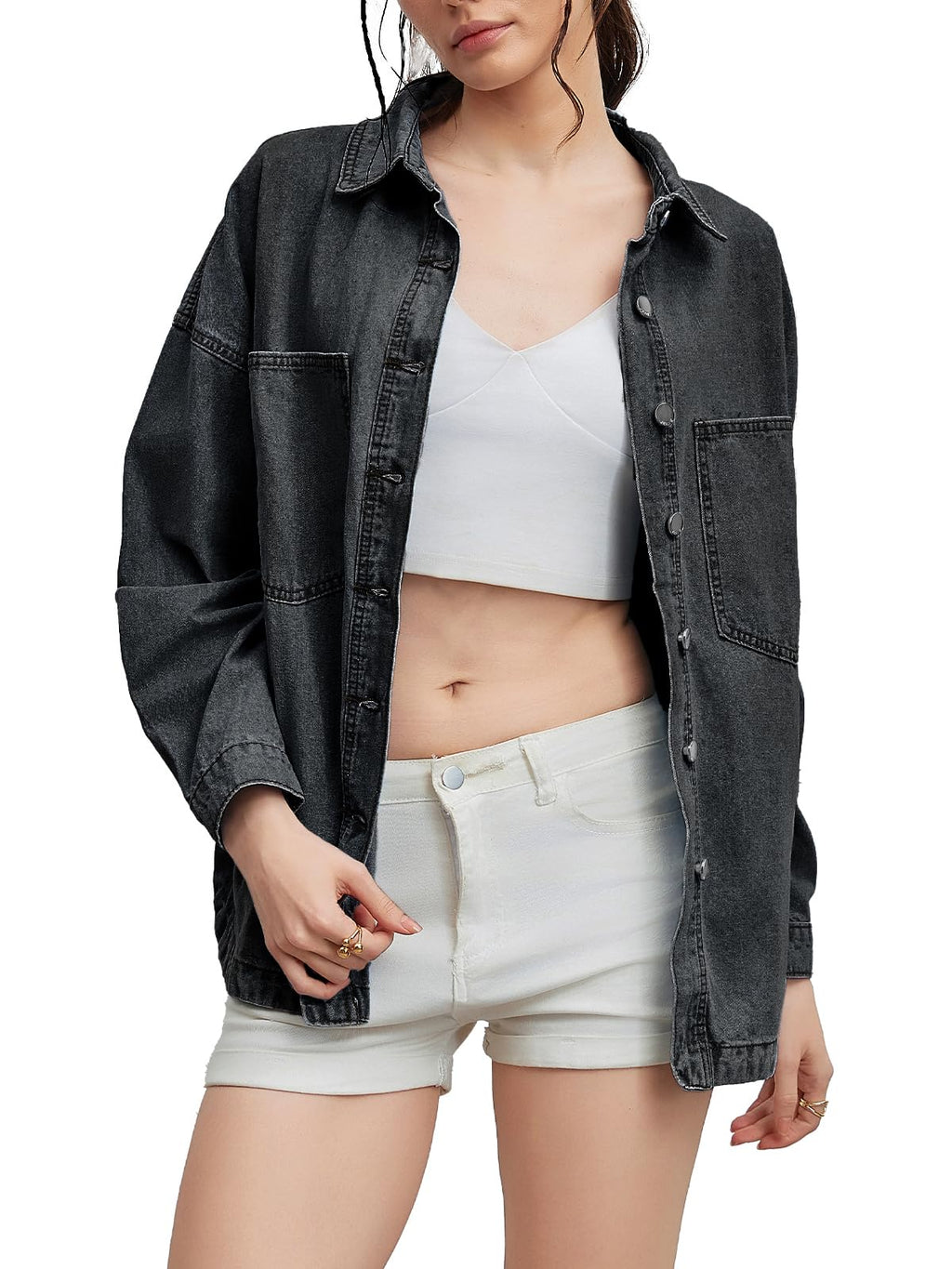 LifeShe Women Denim Shirt Jean Jacket Oversize Button Down Shirt Long Sleeve Jean Tops Trendy Shackets