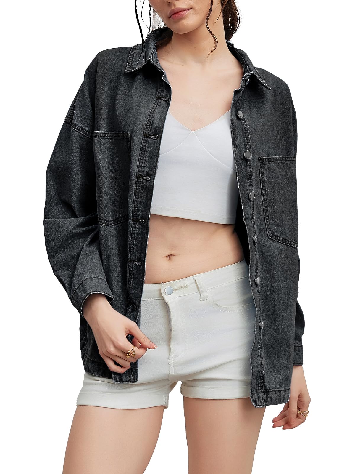 LifeShe Women Denim Shirt Jean Jacket Oversize Button Down Shirt Long Sleeve Jean Tops Trendy Shackets