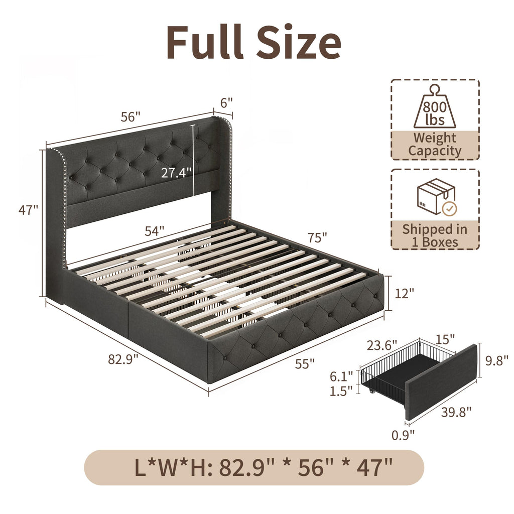 BRELTAM Full Size Bed Frame with Storage Drawers and Wingback Headboard Linen Upholstered Platform Bed Frame Tufted Beds with Heavy Duty Wood Slats, Noise Free, Easy Assembly, Beige