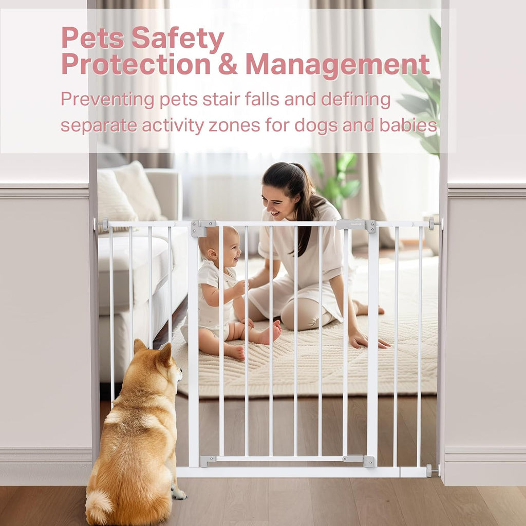 InnoTruth Baby Gate for Stairs 28.9-42.1" Wide, 30" Tall Easy Step Walk Through Expandable Dual Lock Dog Gates for the House, Metal Pressure Mounted Easy Install Pet Gate for Dogs, White