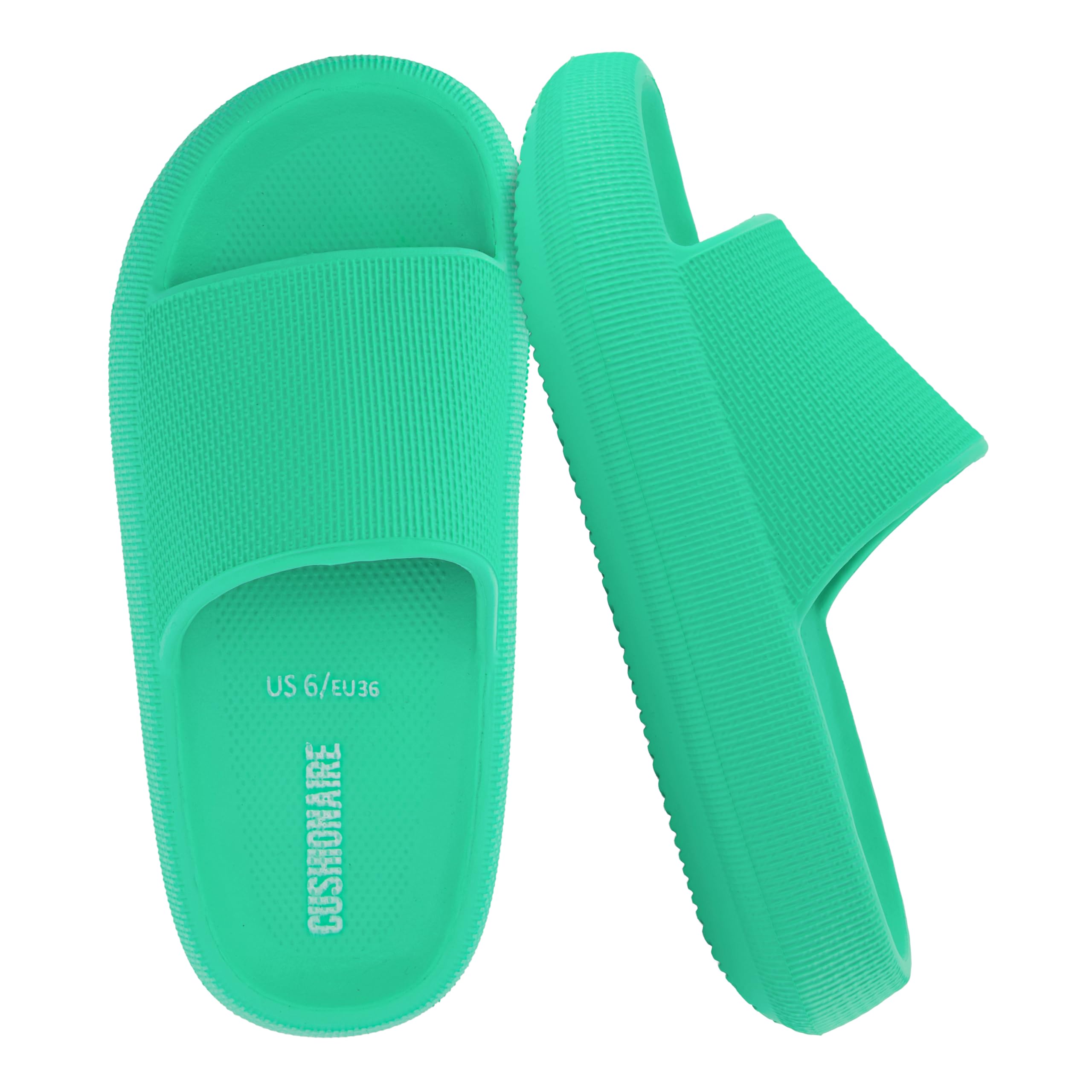 CUSHIONAIRE Feather EVA Slides for Women – Comfortable Slip On Womens Slippers, Indoor Outdoor Shower Shoes, Beach Essential Cloud Slides
