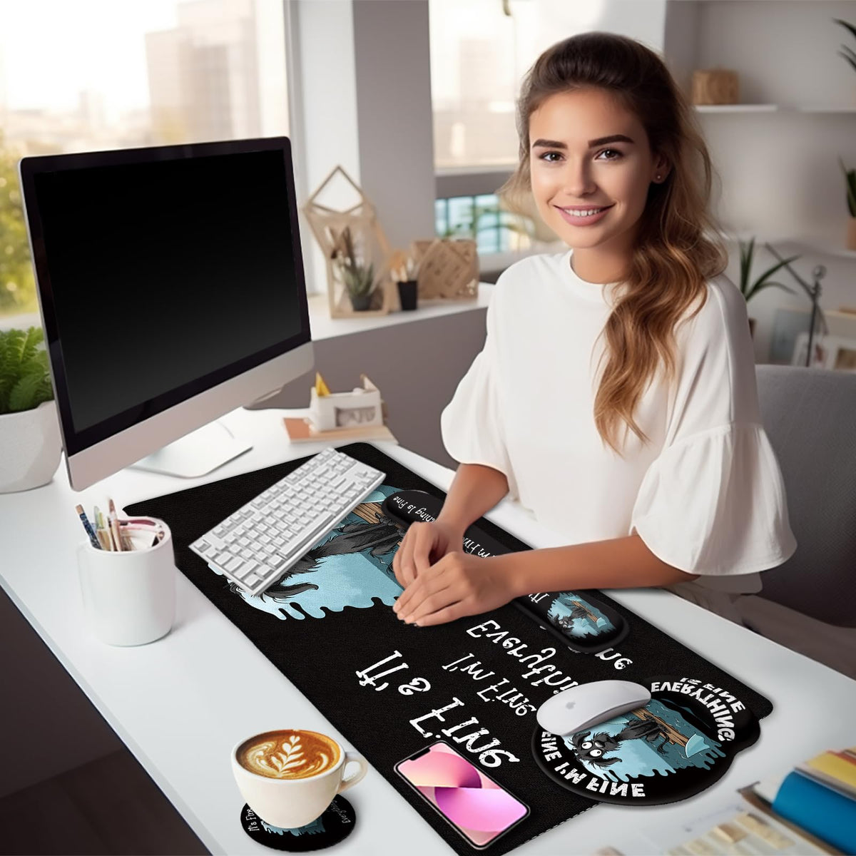 Black Striped Ergonomic Large Desk Mat Set with Wrist Rest