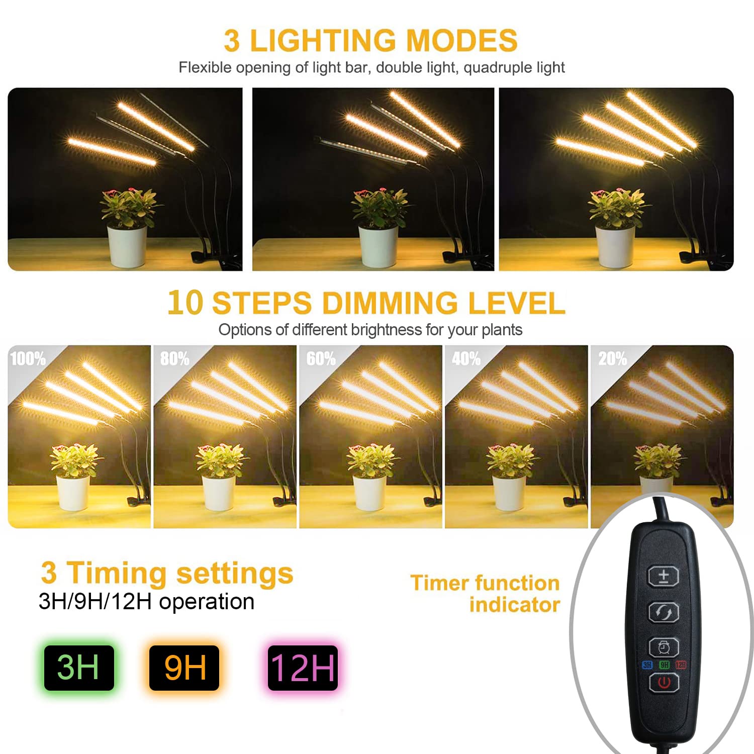 bseah Grow Light Plant Lights for Indoor Plants, Full Spectrum Plant Grow Lamp, 10 Dimmable Levels, Auto ON & Off with 3/9/12H Timer