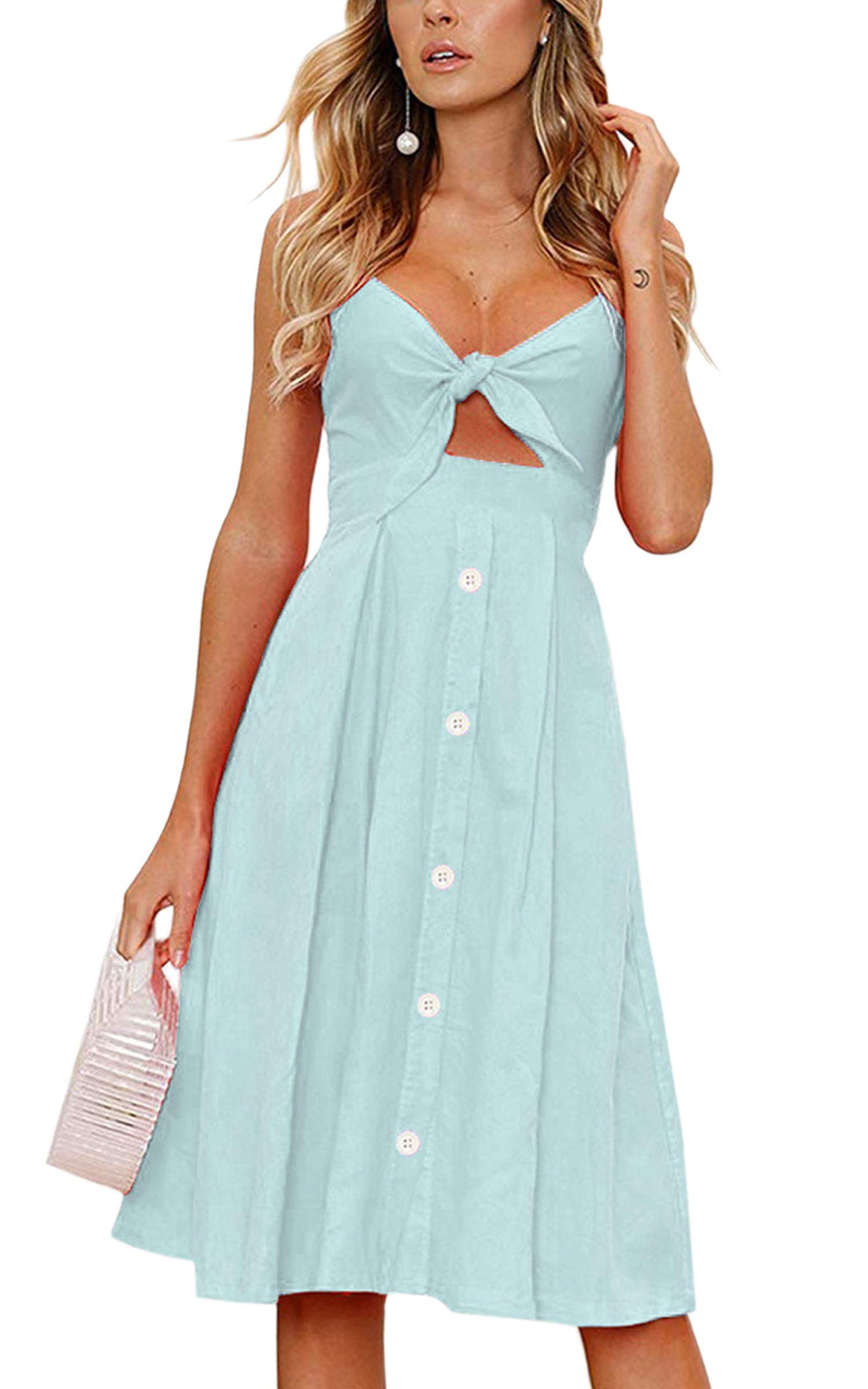 ECOWISH Women 2026 Summer Dresses Tie Front V-Neck Spaghetti Strap Button Down A-Line Backless Swing Midi Dress
