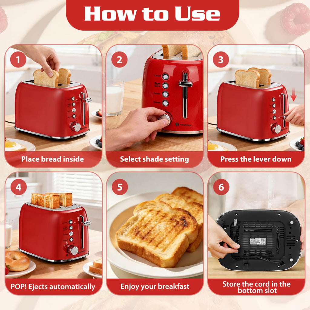 Aigostar Toaster 2 Slice Retro Toaster Stainless Steel, 1.6 inch Extra Wide Slots Bread Toaster Bagel, Cancel, Defrost Function, 6 Shade Settings & Removable Crumb Tray for Bread Waffle, Aqua Green