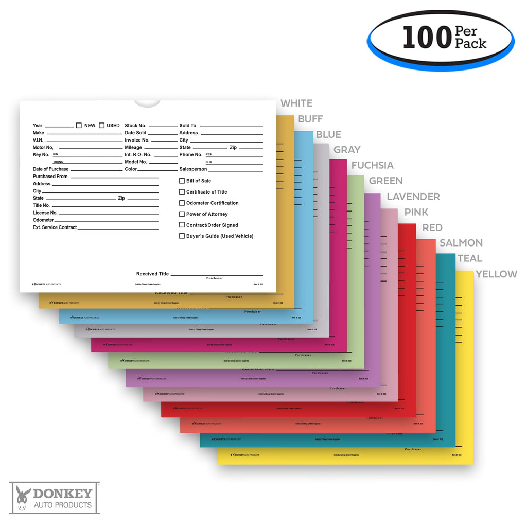 Printed Vehicle Deal Envelopes 9x12 Deal Jackets (100 shrink wrapped) (Blue)