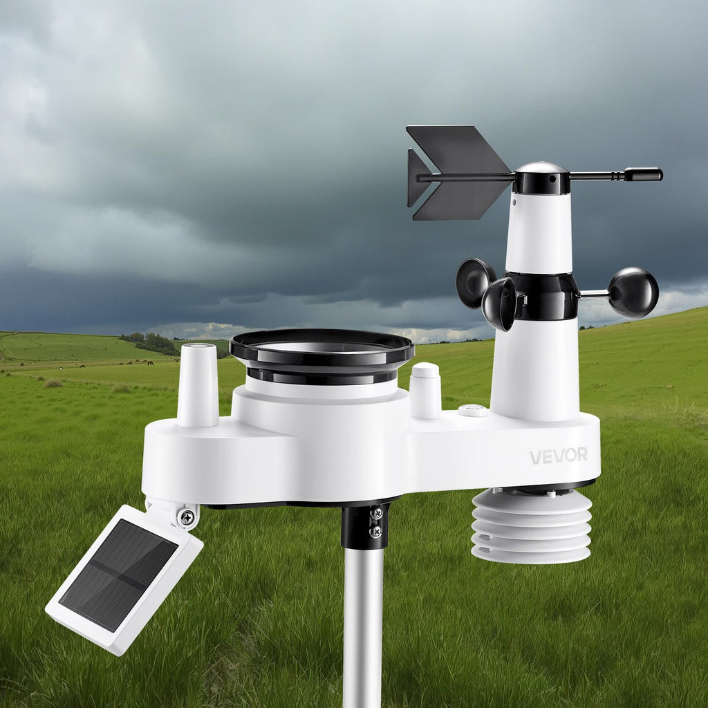 VEVOR 5-in-1 Wireless Weather Station, 7.5-Inch VA Display, Solar Powered Outdoor Sensor, Rain Gauge, Indoor Outdoor for Weather Forecast, Temperature, Humidity, Wind Speed and Direction (No WiFi)