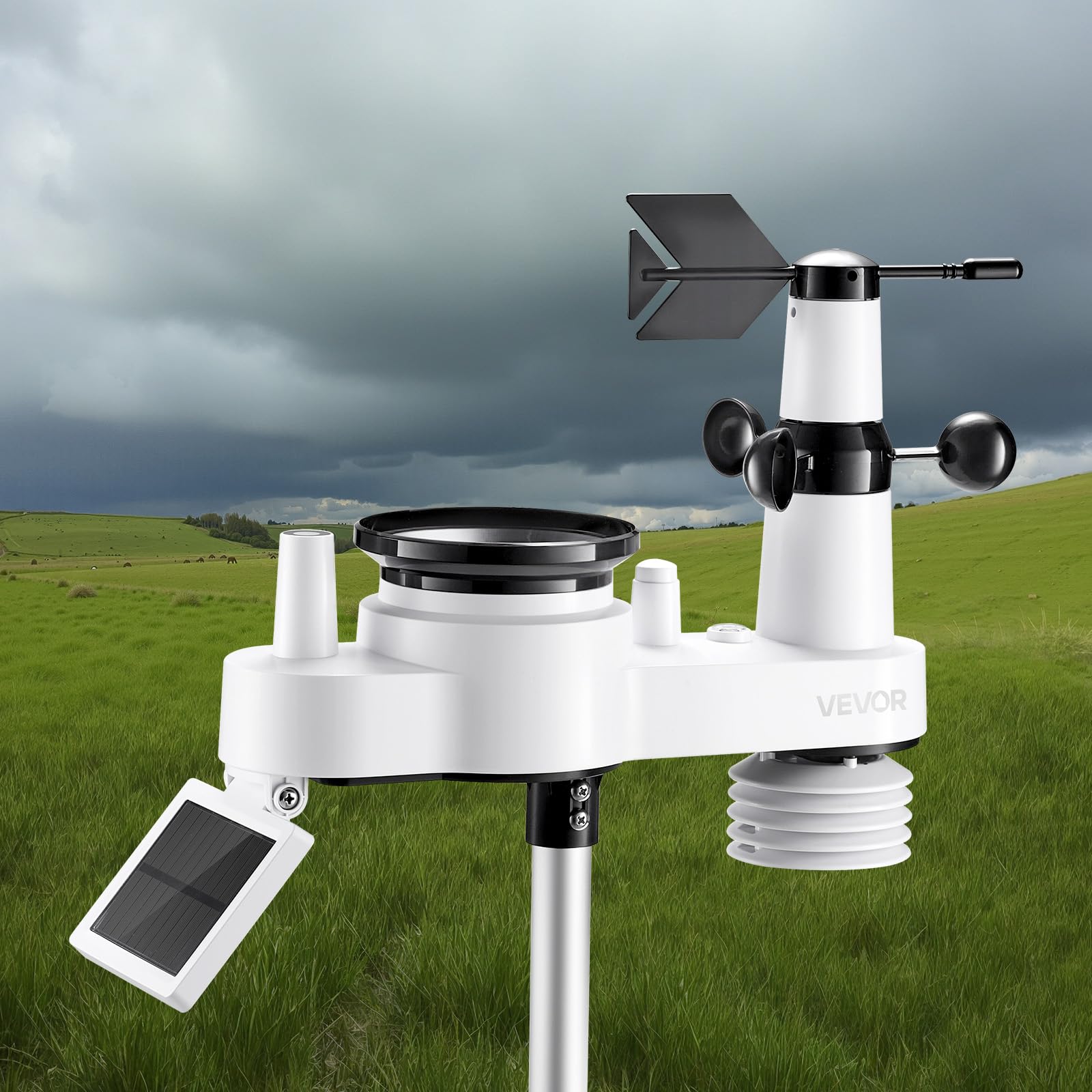 VEVOR 5-in-1 Wireless Weather Station, 7.5-Inch VA Display, Solar Powered Outdoor Sensor, Rain Gauge, Indoor Outdoor for Weather Forecast, Temperature, Humidity, Wind Speed and Direction (No WiFi)