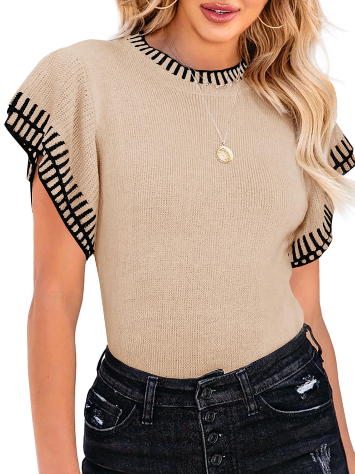 Saodimallsu Womens Short Sleeve Sweaters Tops Summer Ruffle Striped Loose Crew Neck Lightweight Soft Shirts Knit Sweater