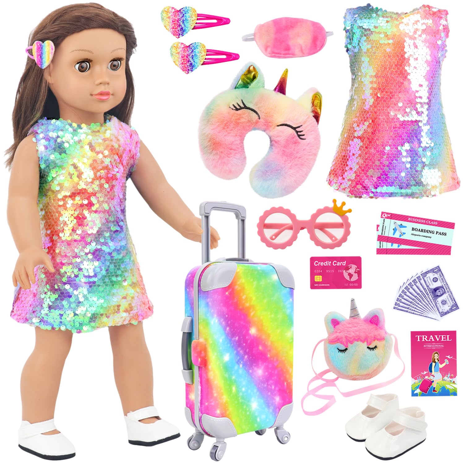 K.T. Fancy 18 Inch American Doll Clothes and Accessories, Doll Travel Suitcase Playset for Girls, Cute Travel Doll Clothes for 18 Inch Girl Doll(Not Include Doll & Shoes), Pink