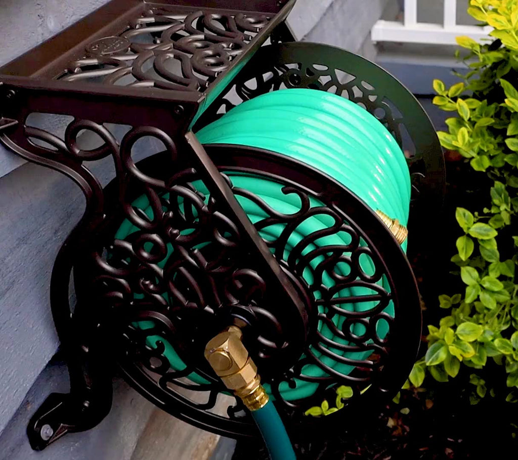 Liberty GARDEN 704 Decorative Cast Aluminum Wall Mount Garden Hose Reel, Holds 125-Feet of 5/8-Inch Hose - Bronze