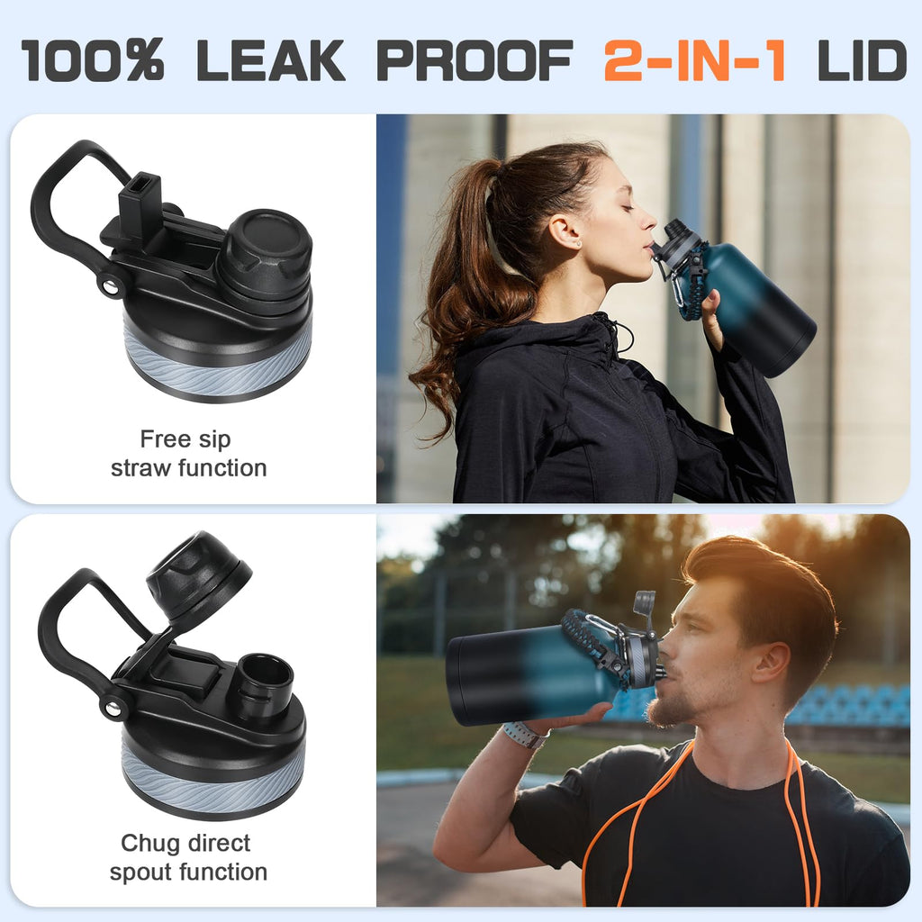 GAZLEMHO 40 oz Insulated Water Bottle with Straw& Spout 2-in-1 Lid, Triple Wall Vacuum Stainless Steel Cold 48H, Leak Proof Sports Metal Flask Jug with Paracord Handle, Black