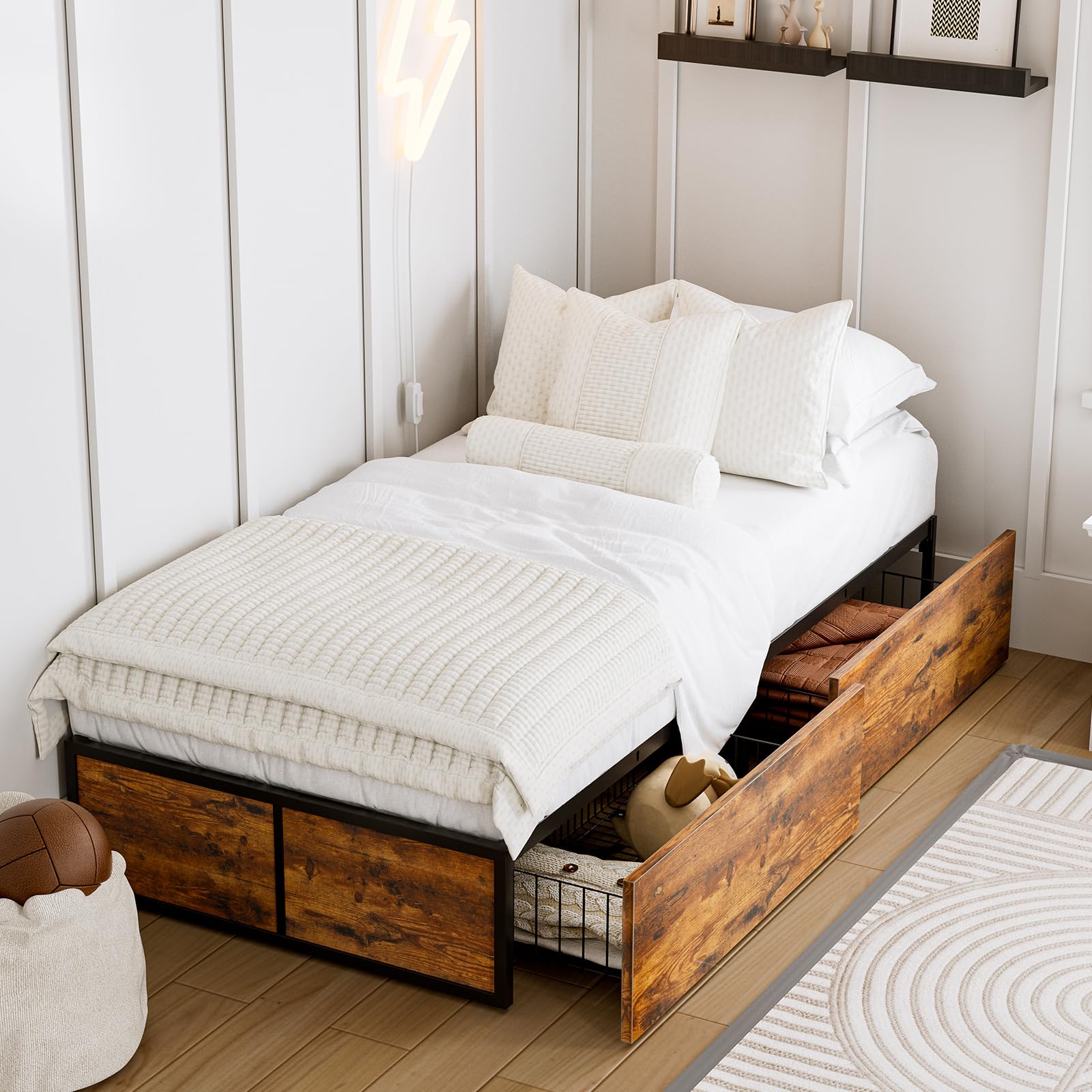 GAZHOME Twin Bed Frame with 2 XL Storage Drawers, Metal Platform Bed Frame with Footboard, 9 Strong Metal Slat Support/No Box Spring Needed/Easy Assembly/Space Saving Wood