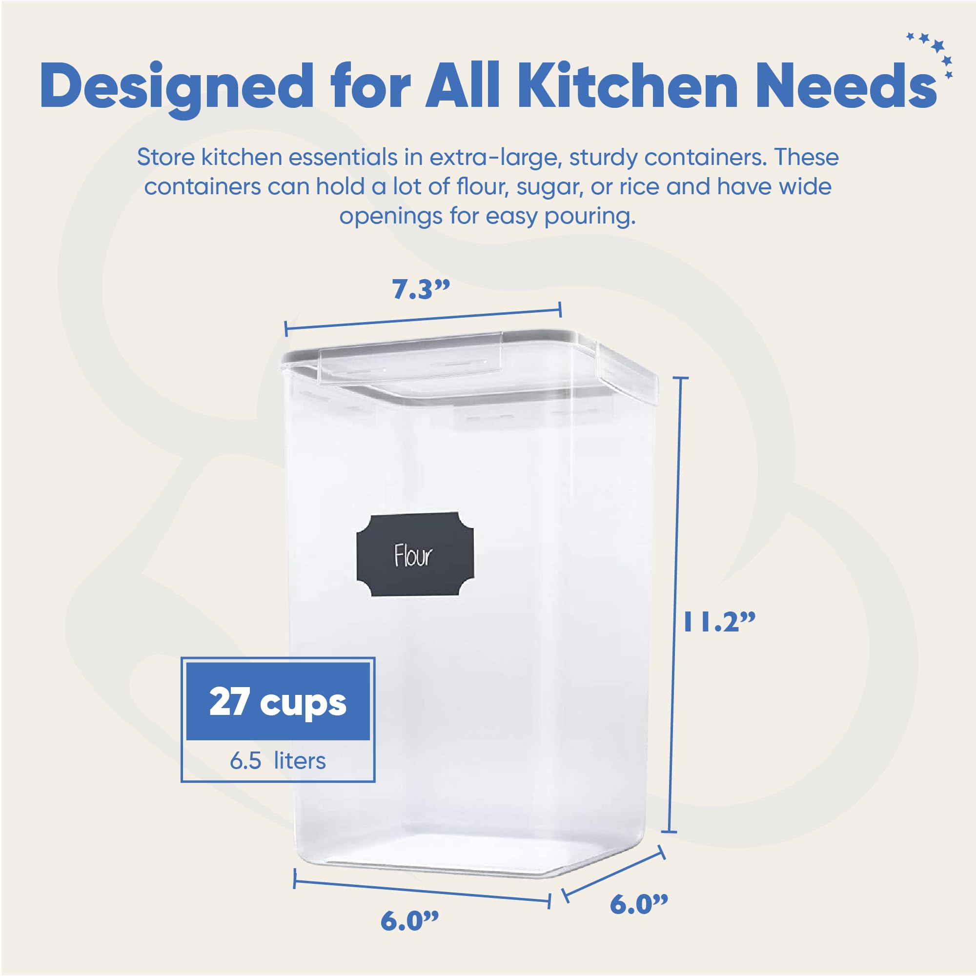 Chef's Path Kitchen Storage Box Set of 4 Extra Large Airtight Food Storage Jars for Sugar Flour Cereal Rice - Measuring Spoons, Pen and Food Preservation Labels (5.2 L)