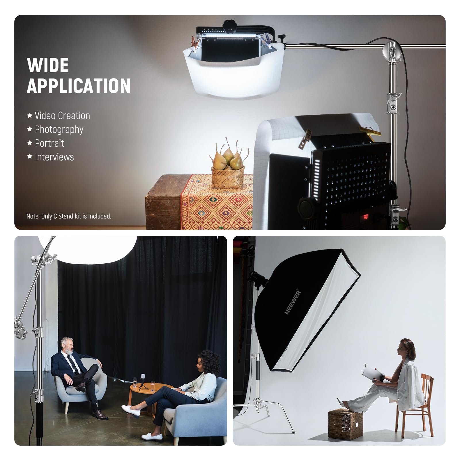 NEEWER Pro 100% Stainless Steel Heavy Duty C Stand with Boom Arm, Max Height 68"/172cm Photography Light Stand with 2.7ft/83cm Holding Arm, 2 Grip Head for Studio Monolight, Softbox, Reflector, SC172