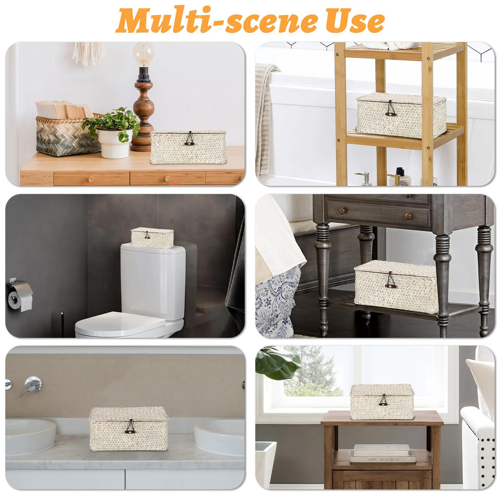 Sumnacon Wicker Basket with Lid Rectangle Woven Baskets for Toiletries Tampon Storage,Wicker Storage Basket with Lid,Decorative Seagrass Storage Baskets for Shelf Bathroom Toilet Table, Caramel