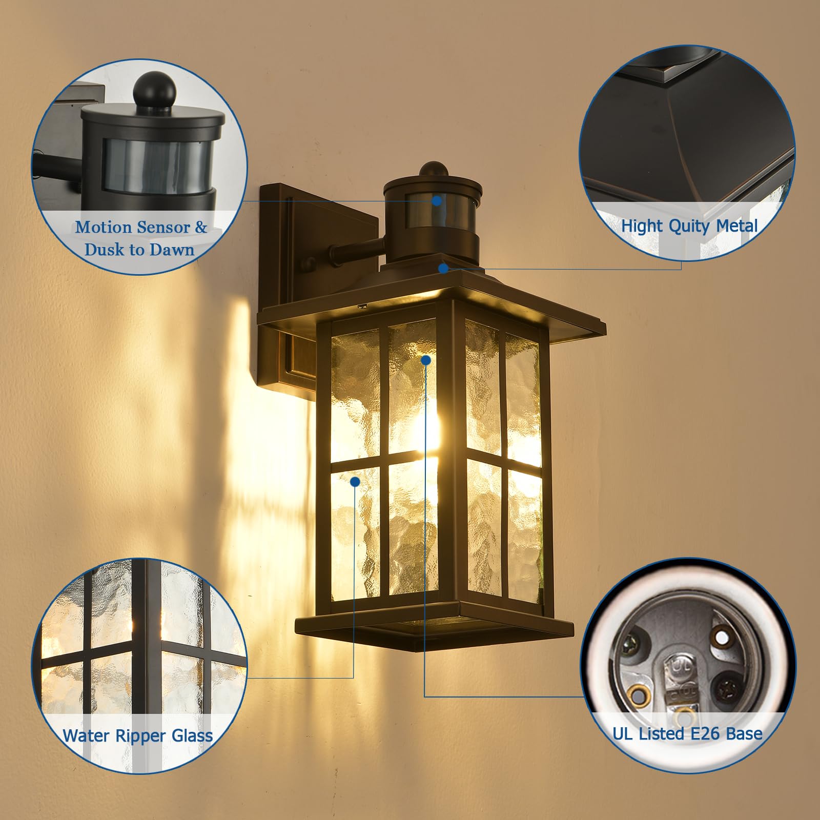 FLEDAVID Motion Sensor Outdoor Wall Light Fixtures Dusk to Dawn Exterior Porch Lantern White Outside Sconce Lighting Rustic Wall Mount Lamp with Water Ripple Glass for House Garage Patio Entryway