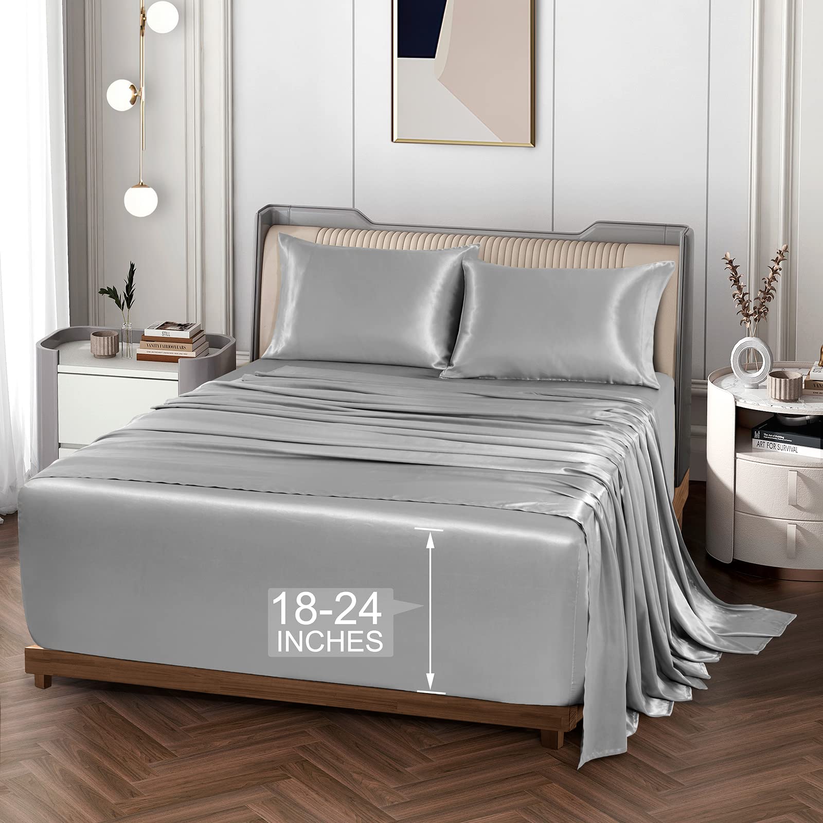 Vonty Extra Deep Pocket Full Sheet Sets - Cooling & Silky Satin Full Size Sheets with 18-24 Inch Deep Pocket, Black Satin Bed Sheets Fit Up to 24" Deep Mattress - 4 Piece Set
