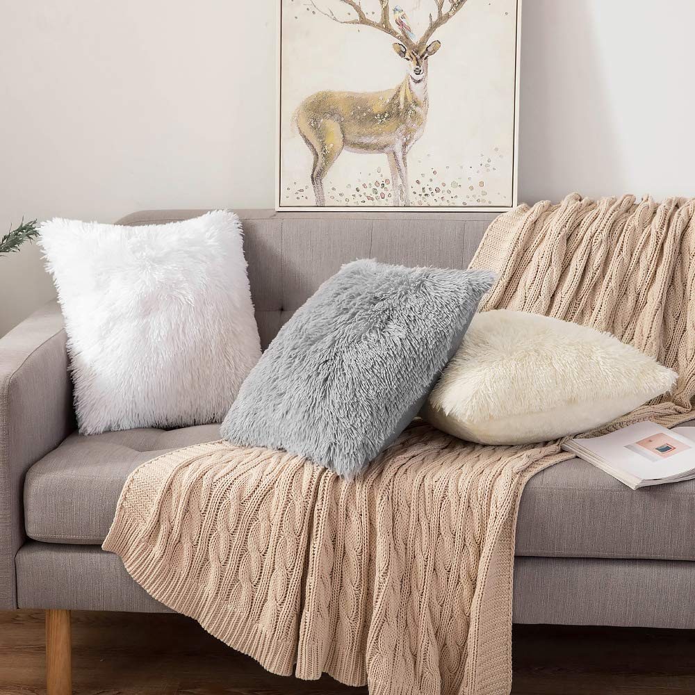 ANRODUO Pack of 2 Baby Pink Throw Pillow Covers Luxury Fluffy Pillows Faux Fur Decorative Pillows Plush Cushion Case Fuzzy Mongolian Merin Style for Bed Couch Sofa Living Room Summer Decor 16x16 Inch