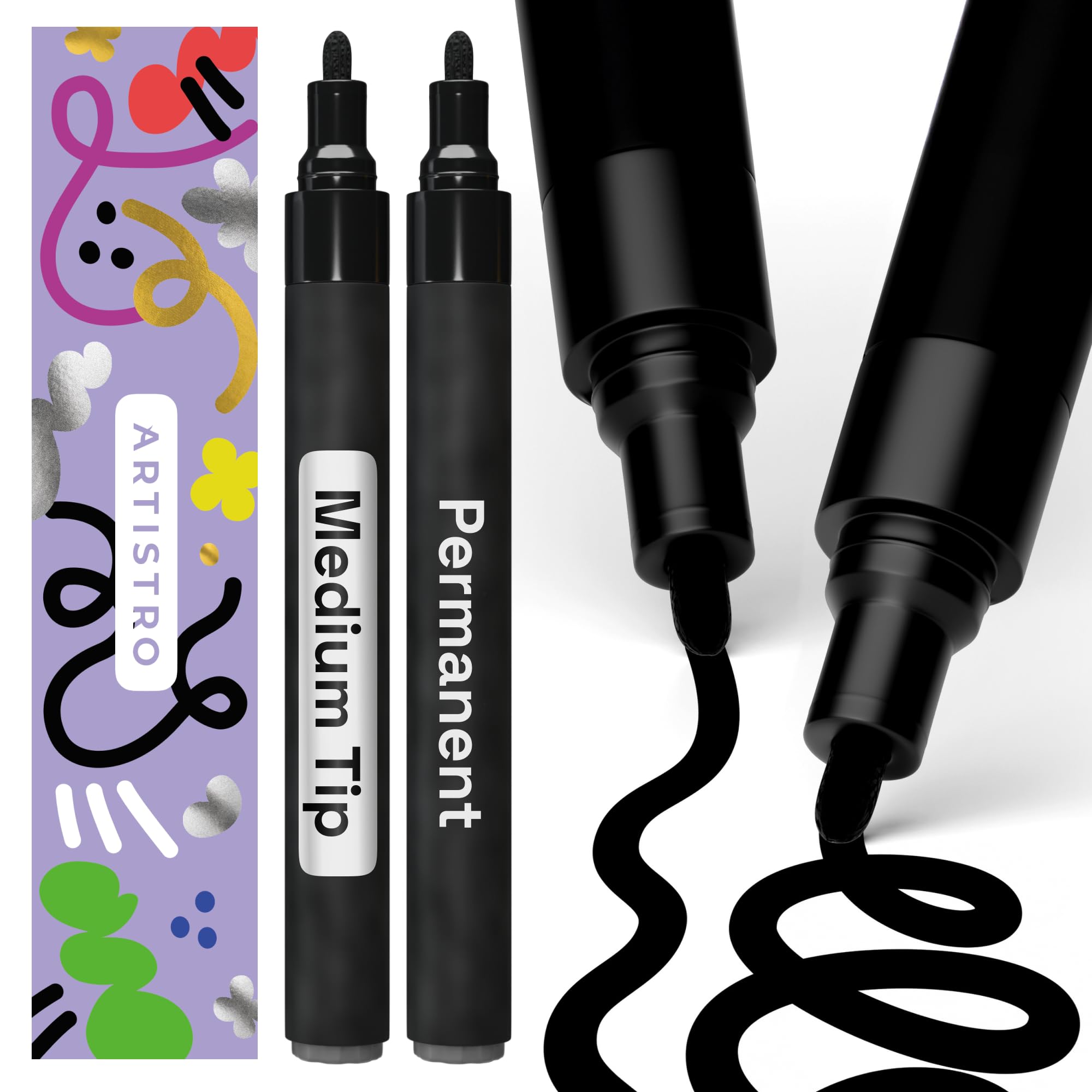 ARTISTRO 2 Black Permanent Marker - Waterproof Markers for Tire, Fabric, Rocks, Glass, Ceramic, Wood, Paper - Oil Based Paint Pens - Medium Tip 3mm