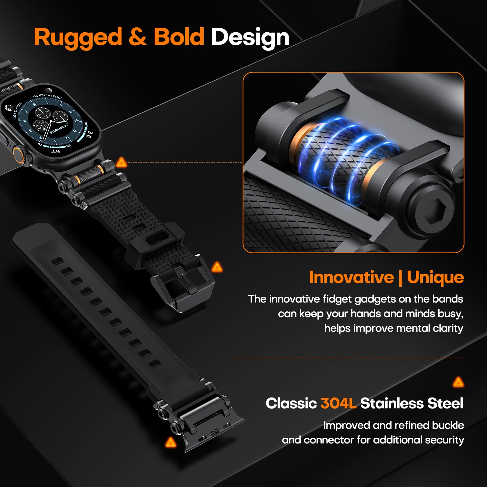 TAURI Nylon for Apple Watch Bands SE/Series 9/8/7/6/5/4 44/45mm, Rugged Nylon Braided Strap & Stainless Steel Connector – iWatch 44mm/45mm Adjustable Woven Band for Men Women, All Black