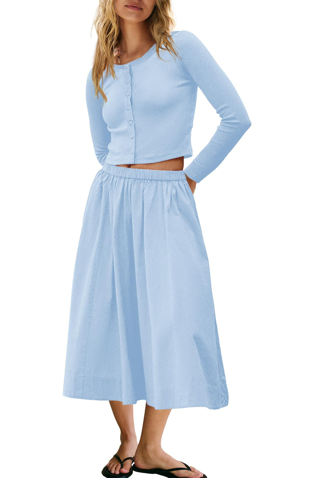 Panadila Womens 2 Piece Lounge Sets Matching Vacation Outfits Ribbed Button Down Cardigan and Elastic Waist Skirt Sets