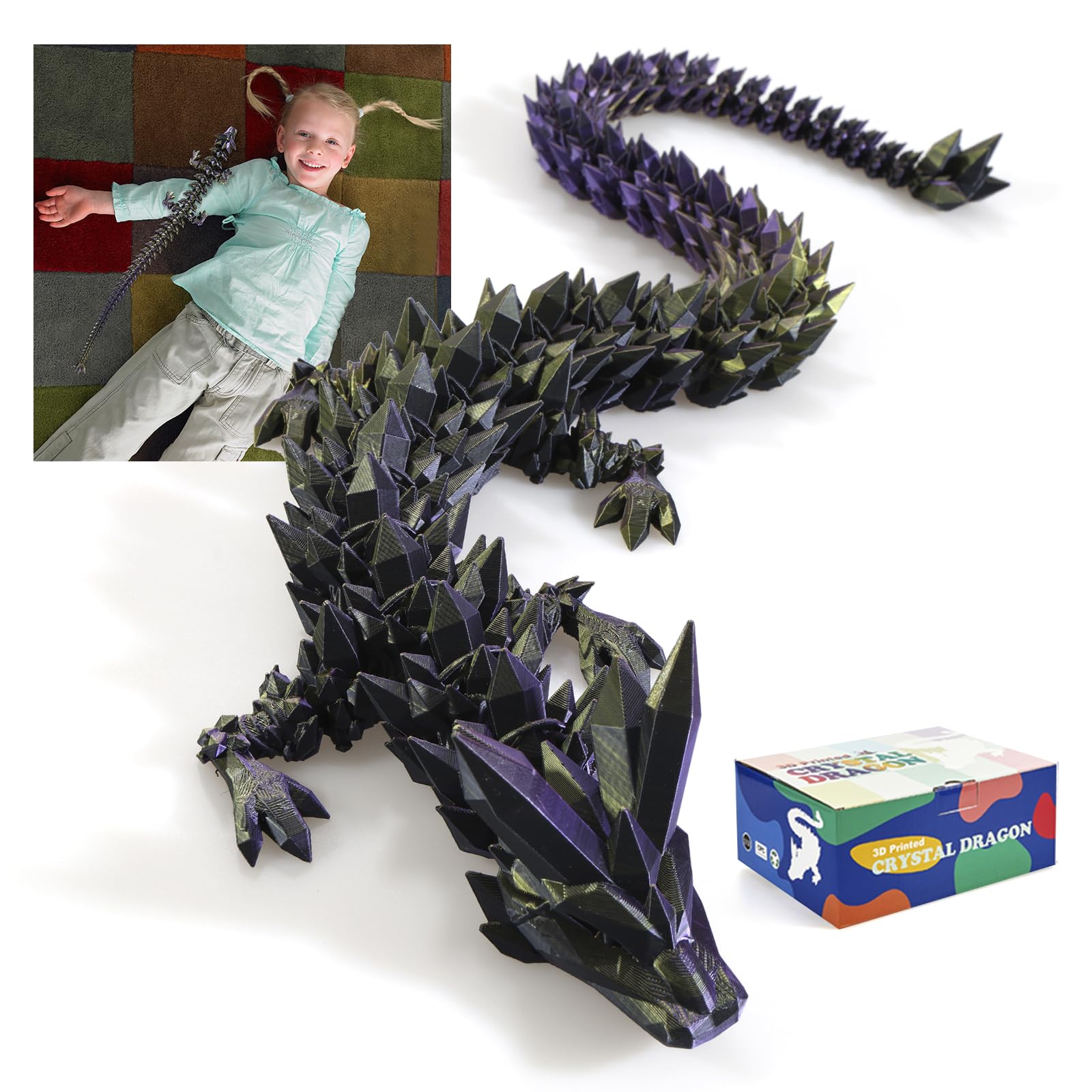 24" Large 3D Printed Dragon - Huge Articulated Crystal Dragon Fidget Toy, Giant Flexible 3D Dragon Figure, Birthday Gift for Boys Girls Kids & Collectors, Home Office Executive Desk Decor