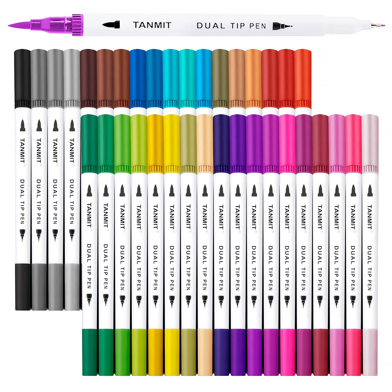 36 Dual-Tip Brush Pens for Adult Coloring Books – Tanmit Art Markers With Brush + Fine Precision Tips for Calligraphy, Planners, Journaling, Note Taking & More