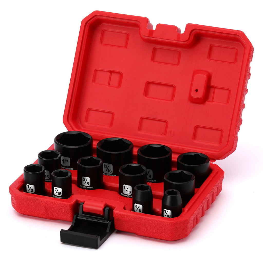 MIXPOWER 12 Pieces 3/8-Inch Drive Shallow Impact Socket Set, 5/16 to 1 inch, CR-V, SAE, 6 Point, Shallow, 12 Pieces 3/8" Dr. Socket
