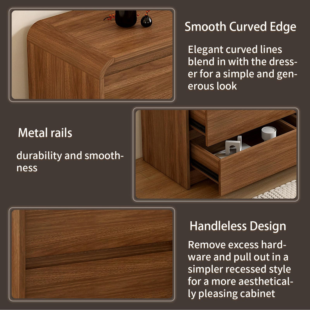 Messenya Modern 6 Drawer Dresser, 47-Inch Wood Chest of Drawers, Curved Anti-Collision Design, Mid-Century Storage Cabinet, Pre-Embedded Slots, for Bedroom, Living Room, TV Stand, Nursery