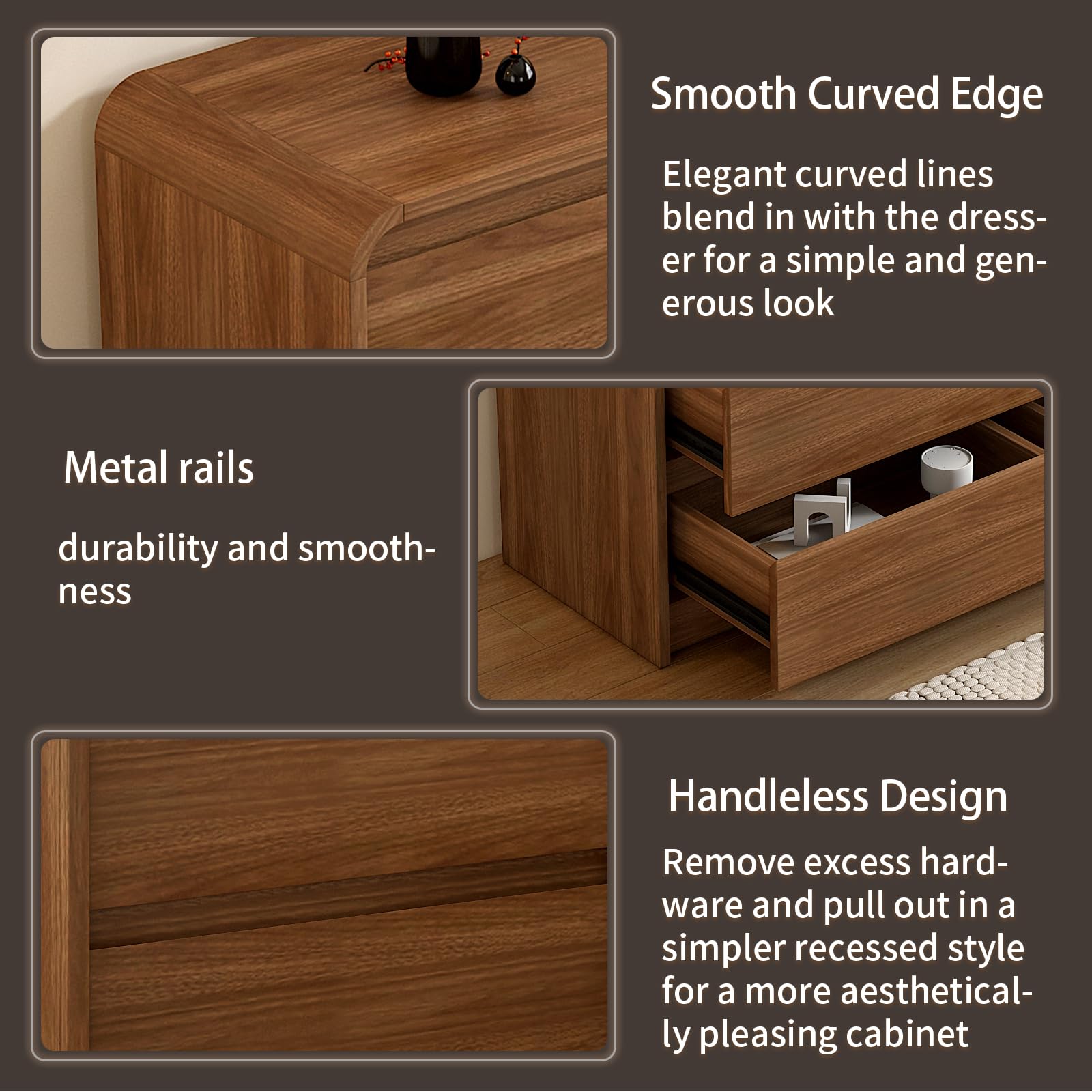 Messenya Modern 6 Drawer Dresser, 47-Inch Wood Chest of Drawers, Curved Anti-Collision Design, Mid-Century Storage Cabinet, Pre-Embedded Slots, for Bedroom, Living Room, TV Stand, Nursery