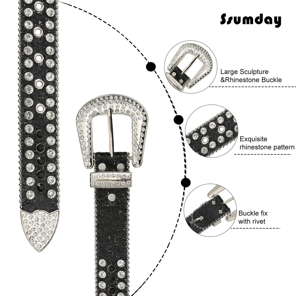 Men Women's Rhinestone Bling Studded 1.5" Leather Belts for Jeans Pants with Fashion Silver Buckle