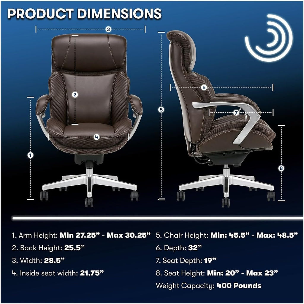 iComfort i6000 Series Big & Tall Ergonomic Bonded Leather High-Back Executive Chair, Brown/Silver