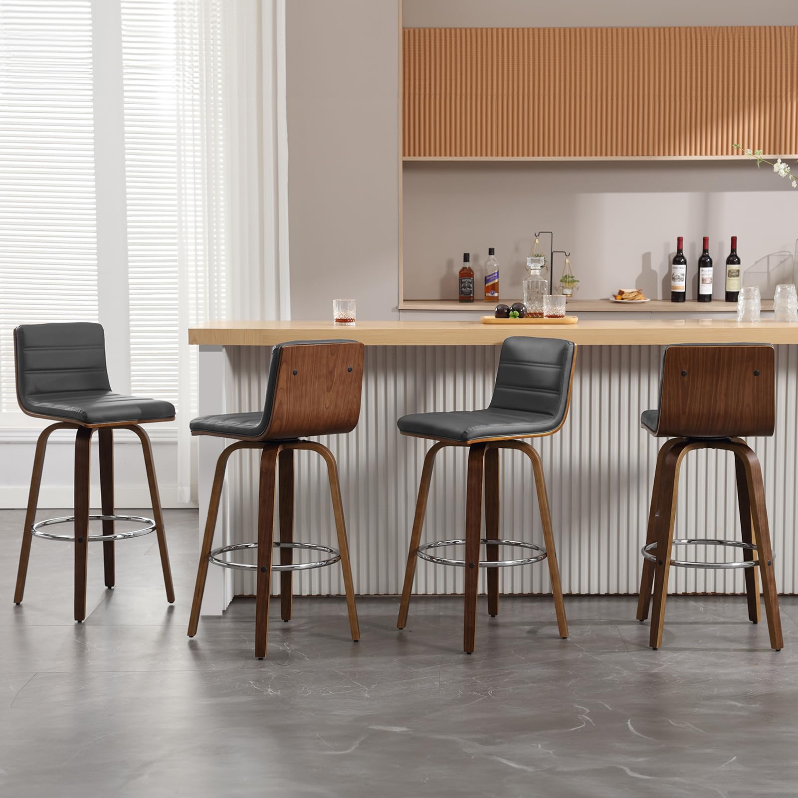 Bar Stools 29 Inch Bar Height, Swivel Bar Stools with Backs Upholstered PU Leather Barstool, L Shape Back and Padded Seat, Mid-Century Modern Bar Stool Pub Chairs for Kitchen Counter Island, Black