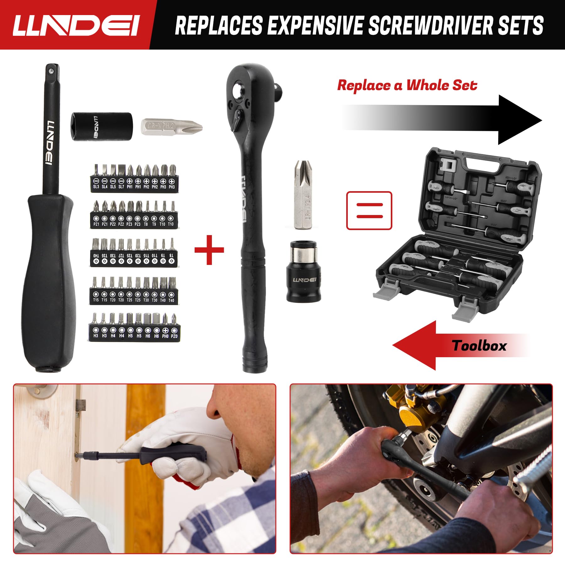 LLNDEI 1/2 inch Drive Deep Impact Socket Set, 37 Piece Standard SAE 3/8" to 1-1/4" | Metric 8 to 24mm, Includes Spark Plug Socket (16, 21mm), CR-MO Universal Joint, Extension Bars and Adapter