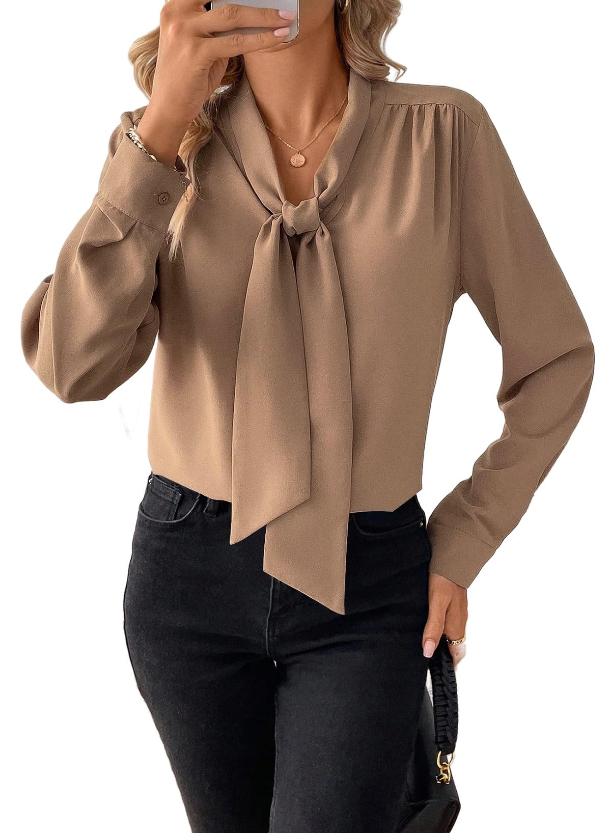 Astylish Women's Bow Tie Neck Tops 2026 Long Sleeve Dressy Loose Casual Elegant Business Work Blouses Shirts