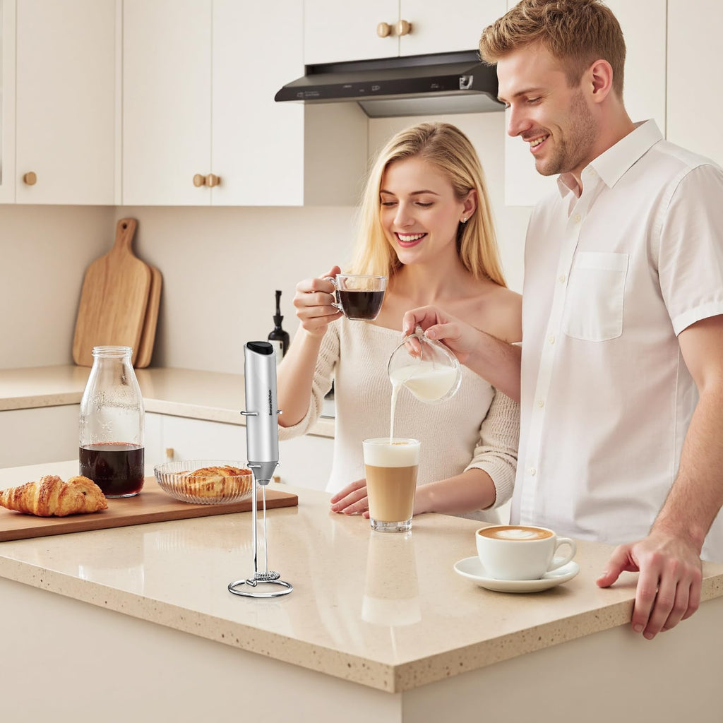 Bonsenkitchen Powerful Milk Frother for Coffee, Fast Handheld Drink Mixer with Stainless Steel Whisk, Battery Operated Hand Frother Stirrer Wand-Black