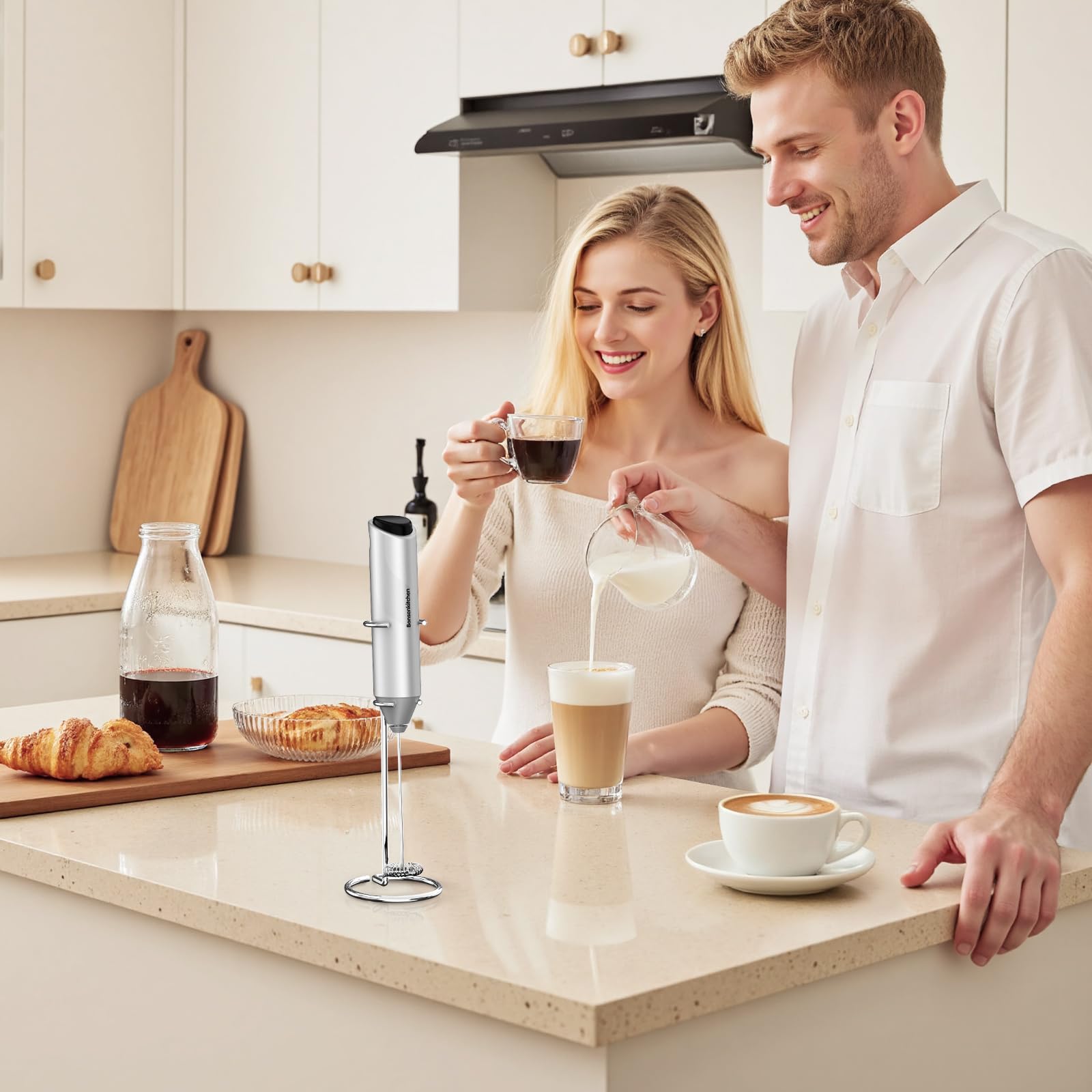 Bonsenkitchen Powerful Milk Frother for Coffee, Fast Handheld Drink Mixer with Stainless Steel Whisk, Battery Operated Hand Frother Stirrer Wand-Black