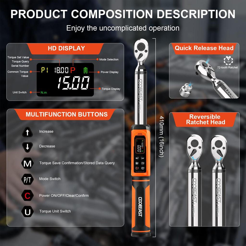 Digital Torque Wrench, 1/2 Drive Electronic Torque Screwdriver with Preset Value(3.76-250.8 Ft.lbs./5.1-340Nm), Buzzer and LED Flash Five Units of Measure Torque Wrench for Motorcycle, Auto Repair