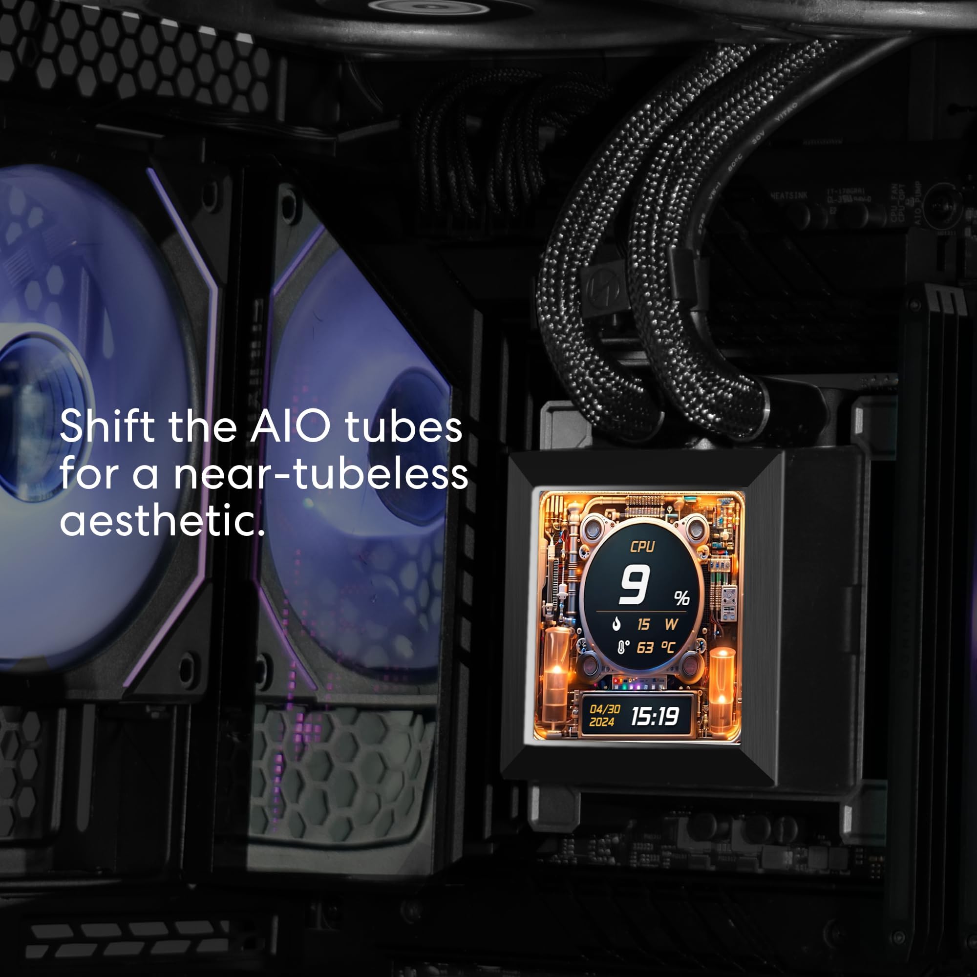 Lian Li Hydroshift LCD 360 Liquid Cooler - Flexible Side-Mounted Coolant Pathway, 2.88” LCD Screen - 480 x 480 Res. - Captured Screenshots or Recorded Videos - Fits Most PC Fans - Black (HSLCD36NB)